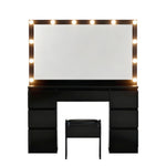 Dressing Table Black with 12 LED Bulbs & Stool - Artiss Vanity Desk