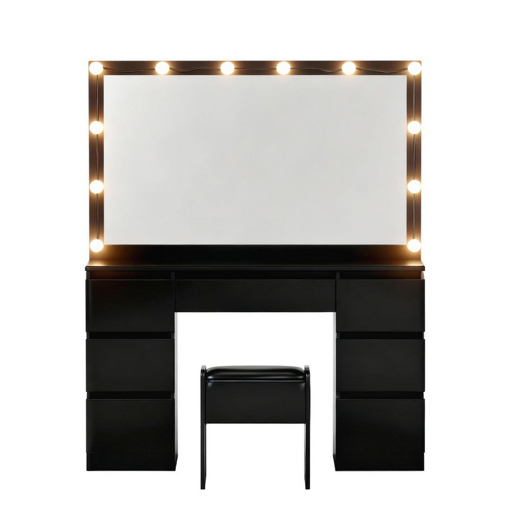 Dressing Table Black with 12 LED Bulbs & Stool - Artiss Vanity Desk