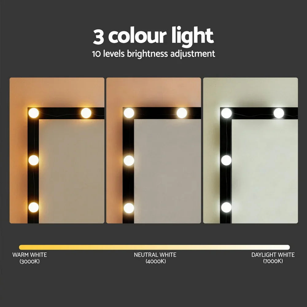 Dressing Table Black with 12 LED Bulbs & Stool - Artiss Vanity Desk