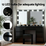 Dressing Table Black with 12 LED Bulbs & Stool - Artiss Vanity Desk