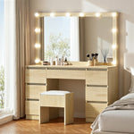 Dressing Table Wood with 12 LED Bulbs & Stool - Artiss Vanity Desk