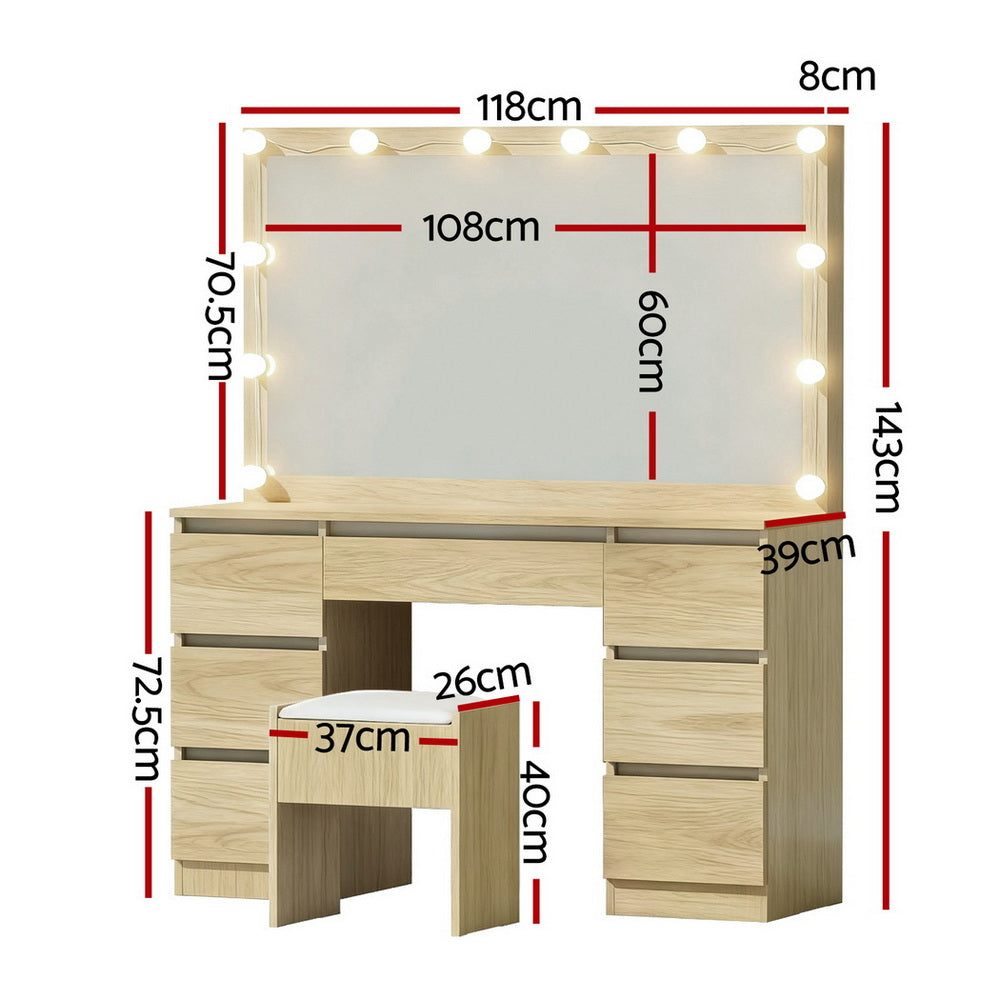 Dressing Table Wood with 12 LED Bulbs & Stool - Artiss Vanity Desk