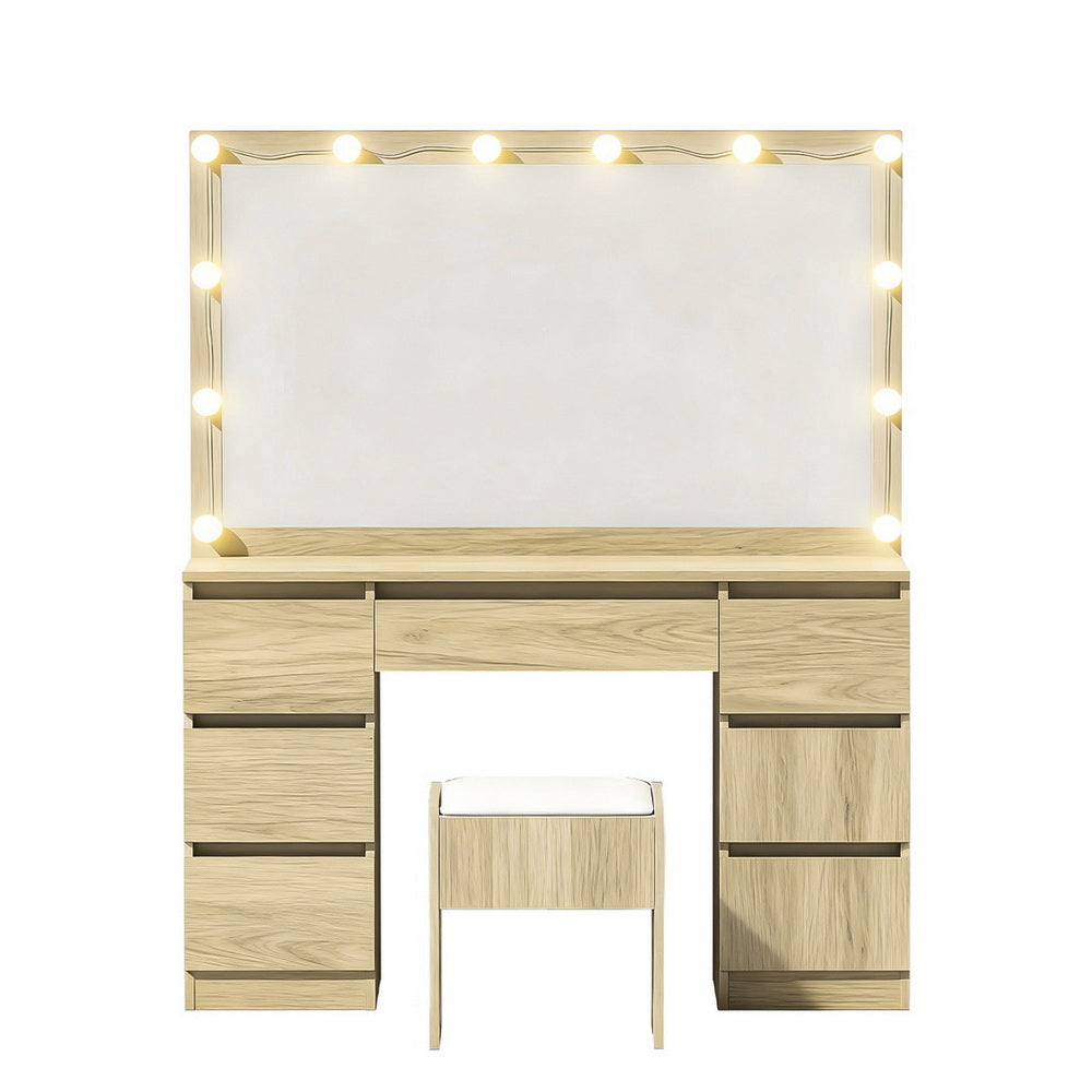 Dressing Table Wood with 12 LED Bulbs & Stool - Artiss Vanity Desk