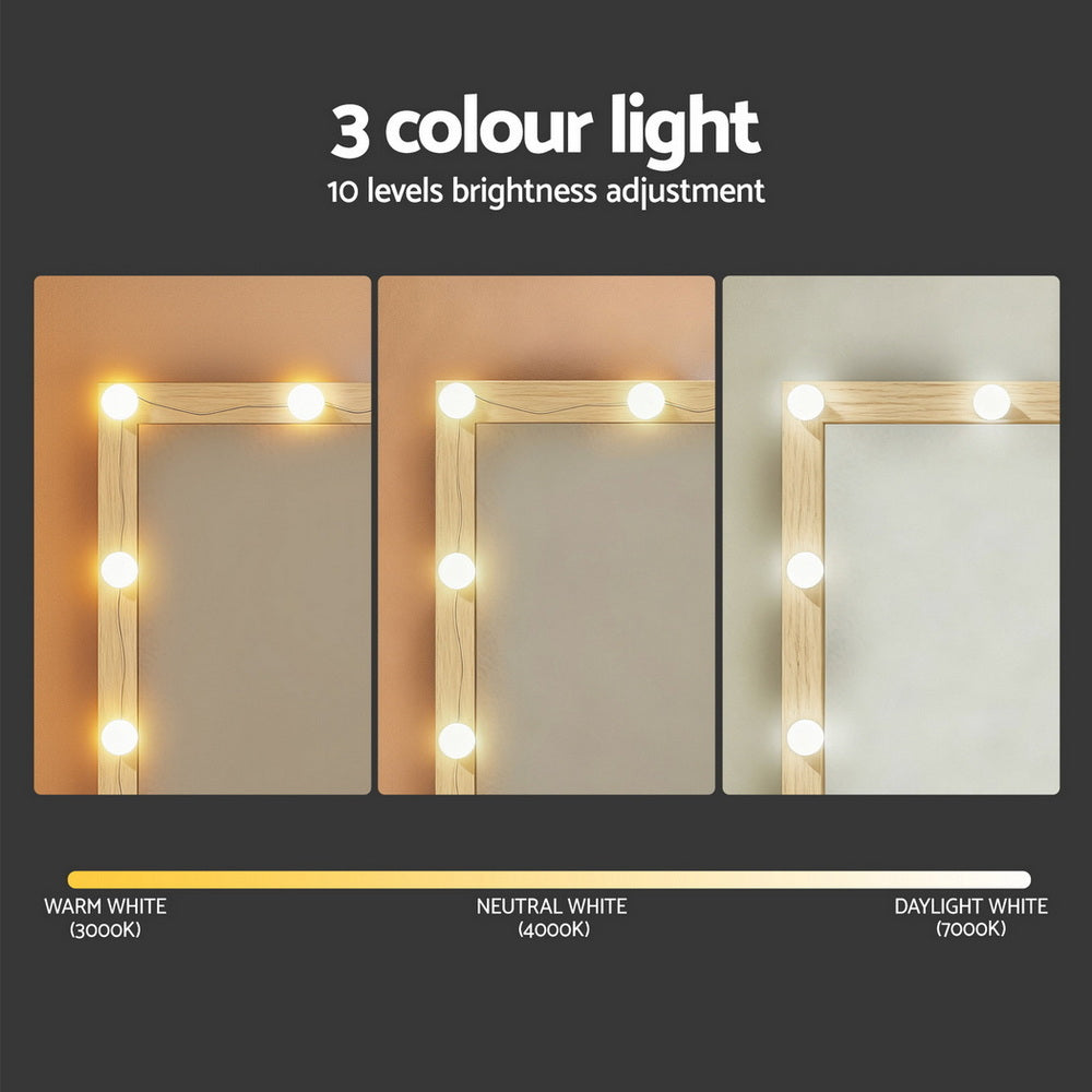 Dressing Table Wood with 12 LED Bulbs & Stool - Artiss Vanity Desk