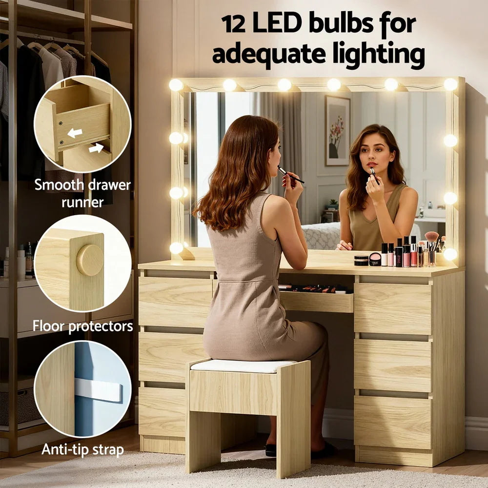 Dressing Table Wood with 12 LED Bulbs & Stool - Artiss Vanity Desk