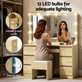 Dressing Table Wood with 12 LED Bulbs & Stool - Artiss Vanity Desk