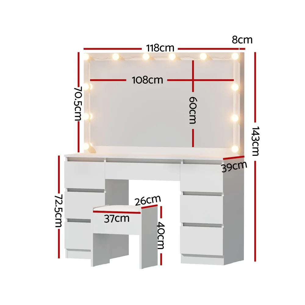 Dressing Table Vanity Desk White with Stool 12 LED Bulbs - Artiss Makeup Mirror