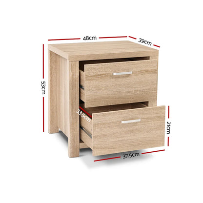 Light oak bedside table with two drawers and visible size measurements in centimeters