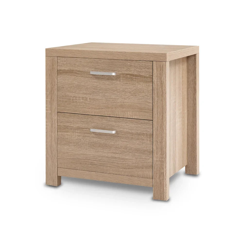 Modern light oak nightstand with two drawers and silver handles on white background