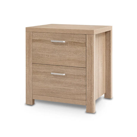 Modern light oak nightstand with two drawers and silver handles on white background