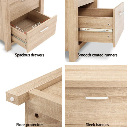 Light wood bedside table with spacious drawers, smooth runners, floor protectors, and sleek handles.