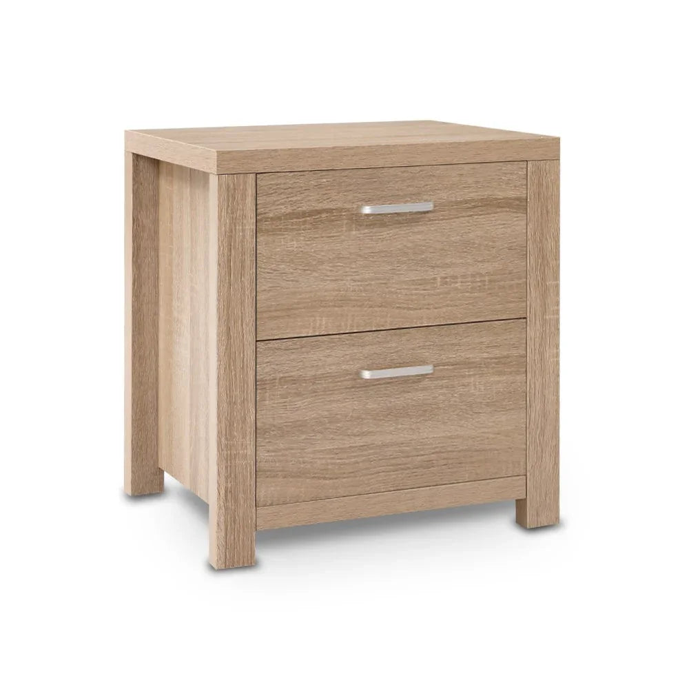 Modern light wood nightstand with two drawers and metal handles on white background