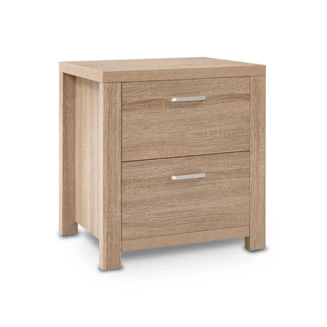 Modern light wood nightstand with two drawers and metal handles on white background
