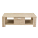Modern light wood coffee table with drawer and open shelf, minimalist living room furniture