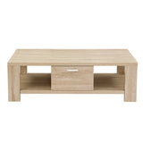 Modern light wood coffee table with drawer and open shelf, minimalist living room furniture