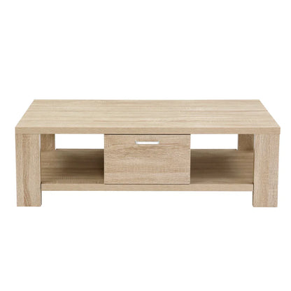 Modern light wood coffee table with drawer and open shelf, minimalist living room furniture