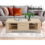 Minimalist wooden coffee table with drawer, potted plant, and magazine in modern living room