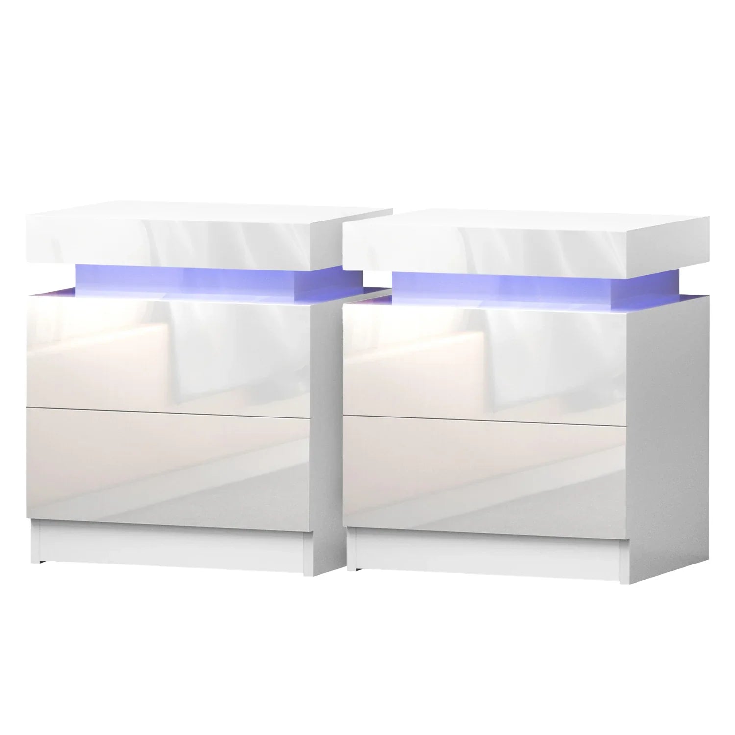 Set of two modern white bedside tables with LED lighting and high gloss finish