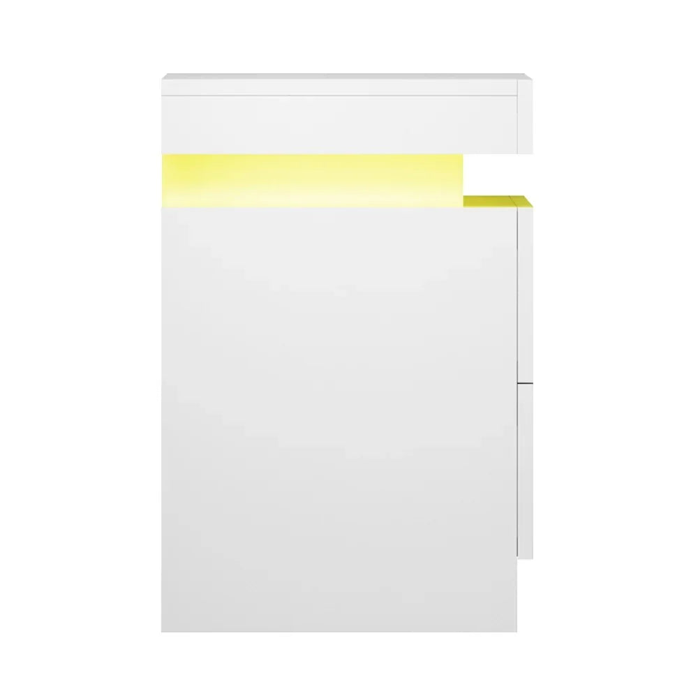Modern white LED bar counter with yellow accent lighting, minimalist design