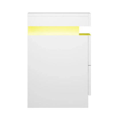 Modern white LED bar counter with yellow accent lighting, minimalist design