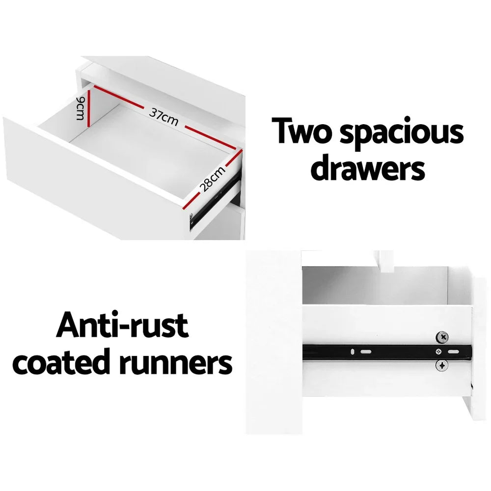 White drawer unit with two spacious drawers, anti-rust coated runners, and drawer dimensions labeled