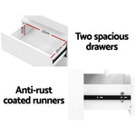 White drawer unit with two spacious drawers, anti-rust coated runners, and drawer dimensions labeled
