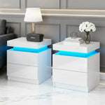 Modern white LED nightstands with blue accent light, lamp, and decorative items in living room