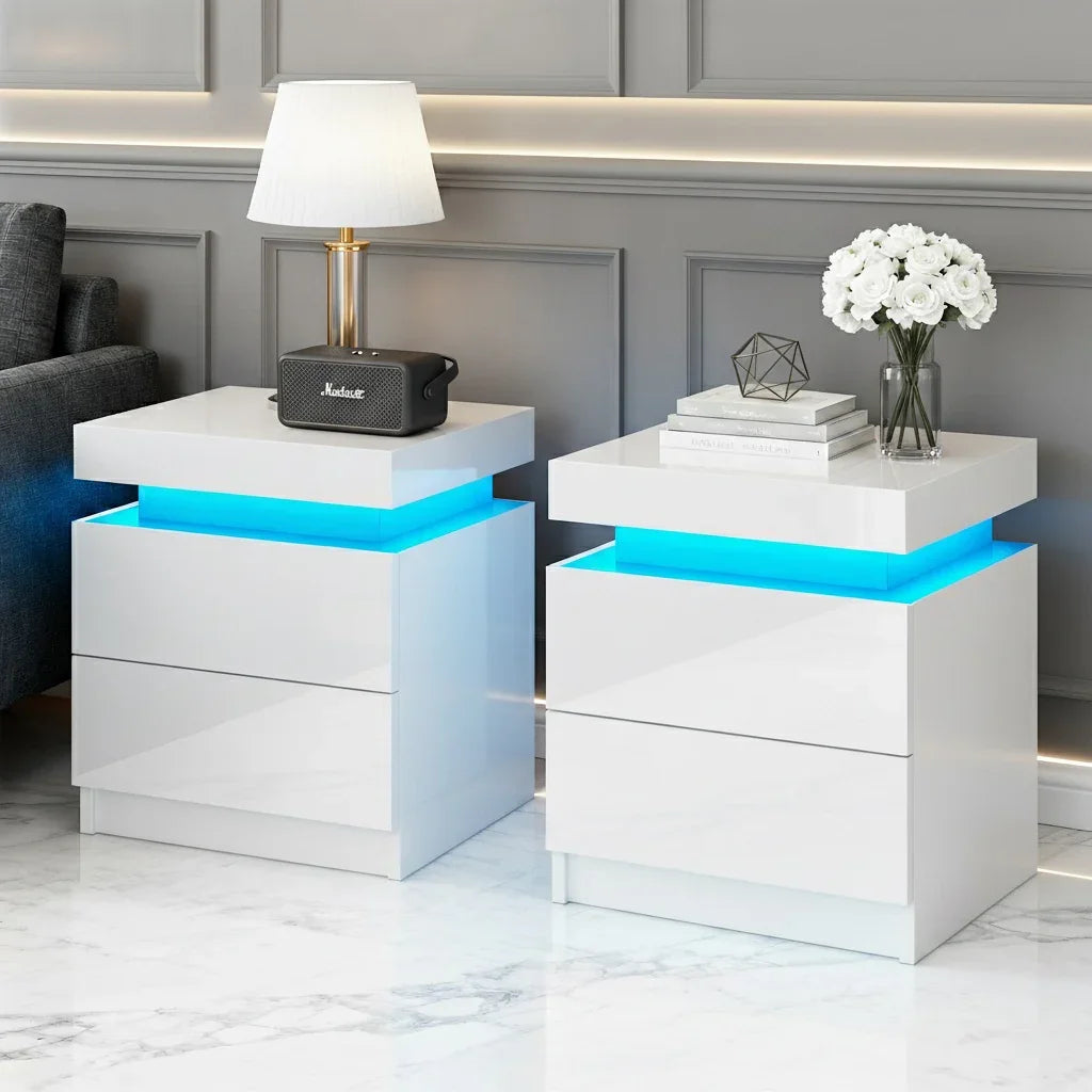 Modern white LED nightstands with blue accent light, lamp, and decorative items in living room