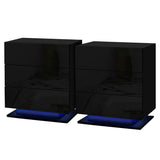 Pair of modern black gloss nightstands with blue LED lighting base