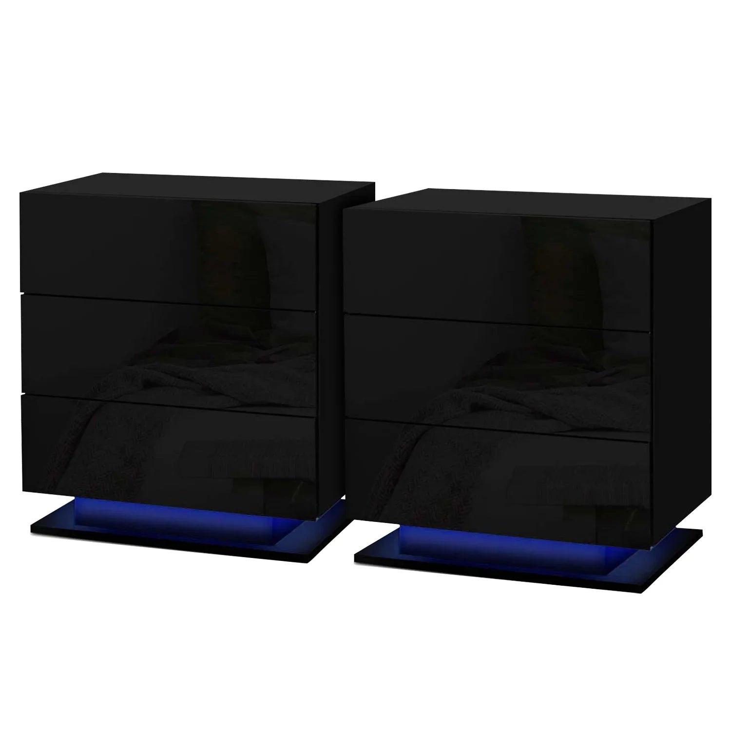 Pair of modern black gloss nightstands with blue LED lighting base