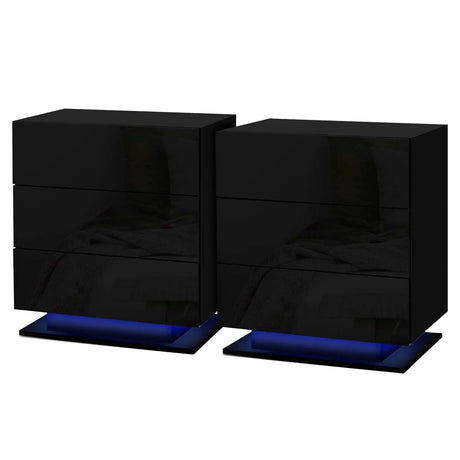Pair of modern black gloss nightstands with blue LED lighting base