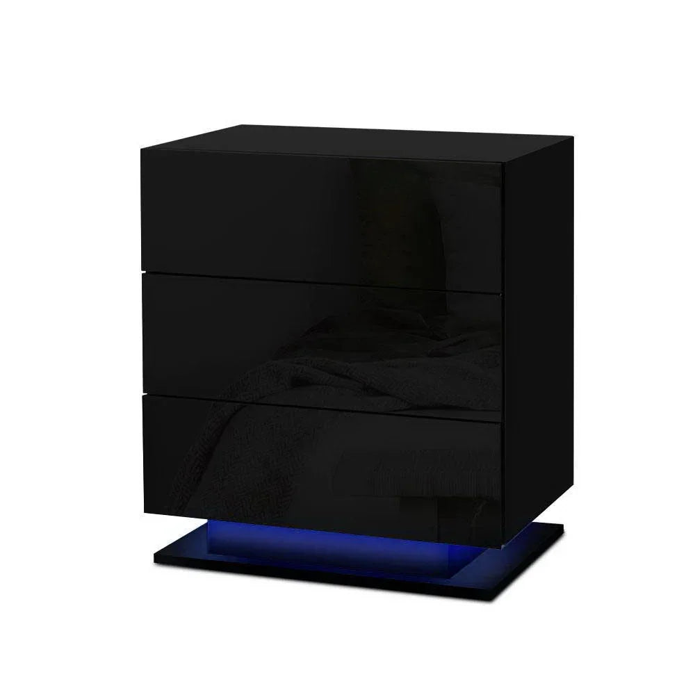 Black high gloss nightstand with blue LED base lighting, modern bedroom furniture