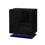 Black high gloss nightstand with blue LED base lighting, modern bedroom furniture