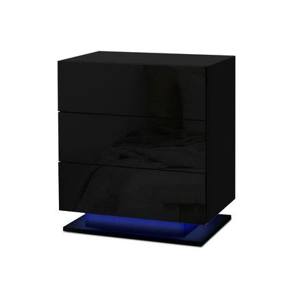 Black high gloss nightstand with blue LED base lighting, modern bedroom furniture