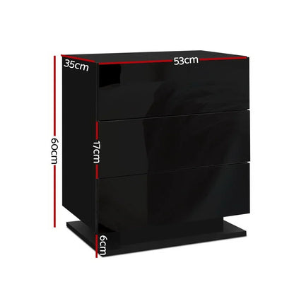 Glossy black bedside table with three drawers, dimensions labeled 53x35x60 cm
