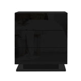 Modern black three-drawer nightstand with glossy finish on white background