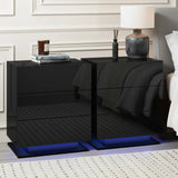 Black high gloss LED nightstands with blue underlighting beside a bed and lamp