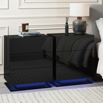 Black high gloss LED nightstands with blue underlighting beside a bed and lamp