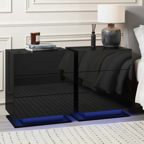 Black high gloss LED nightstands with blue underlighting beside a bed and lamp