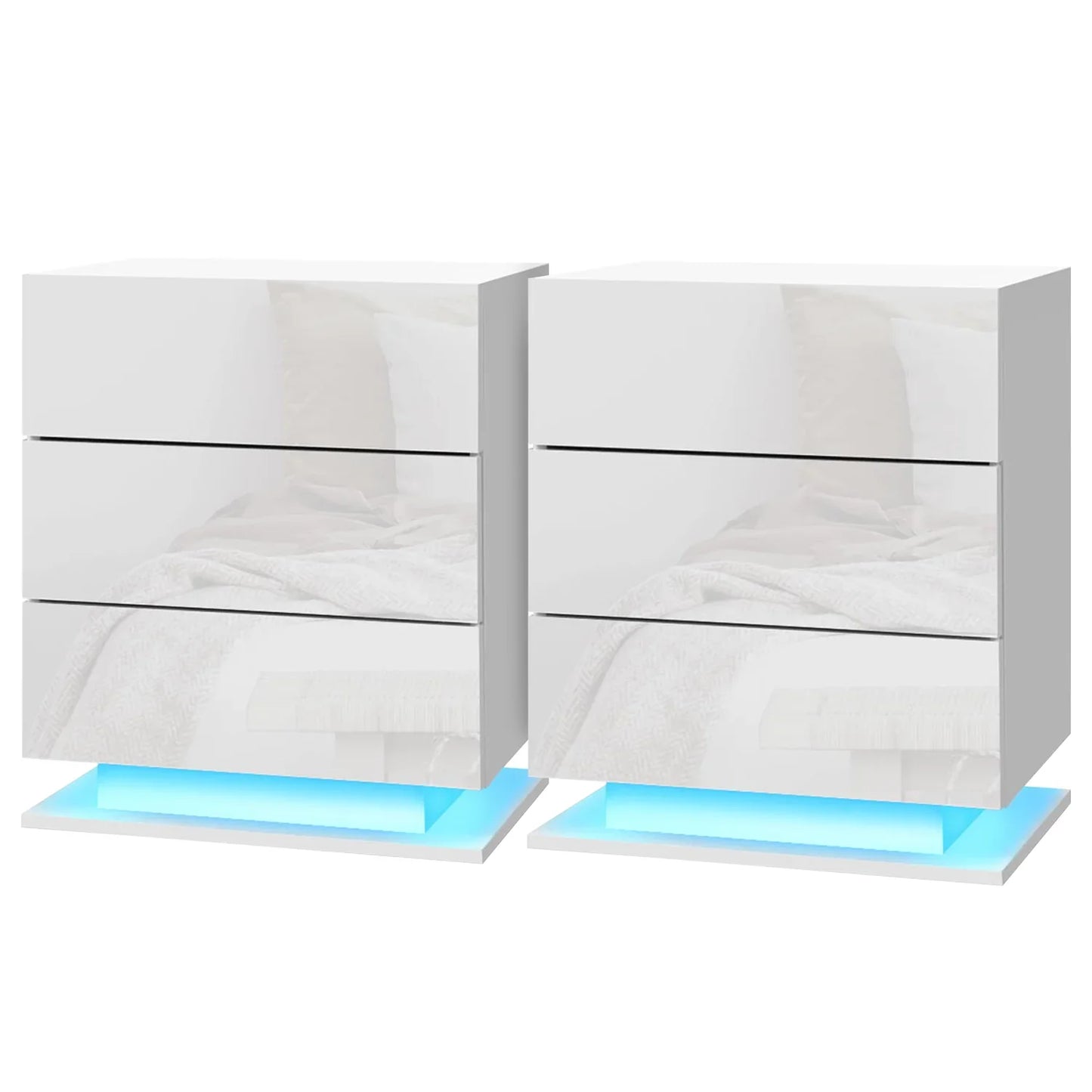 Pair of modern white bedside tables with LED base lighting and glossy finish