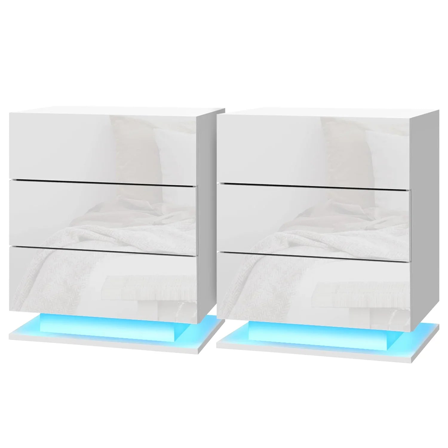 Pair of modern white bedside tables with LED base lighting and glossy finish