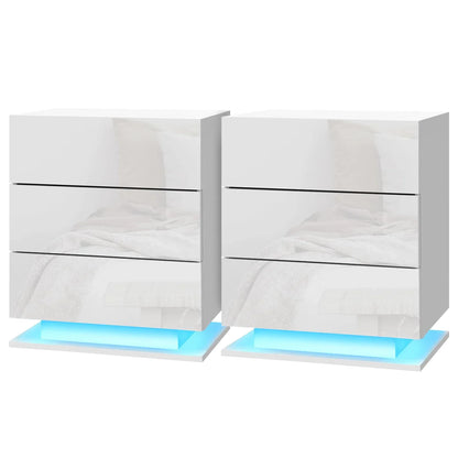 Pair of modern white bedside tables with LED base lighting and glossy finish