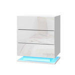 Glossy white modern nightstand with two drawers and LED base lighting
