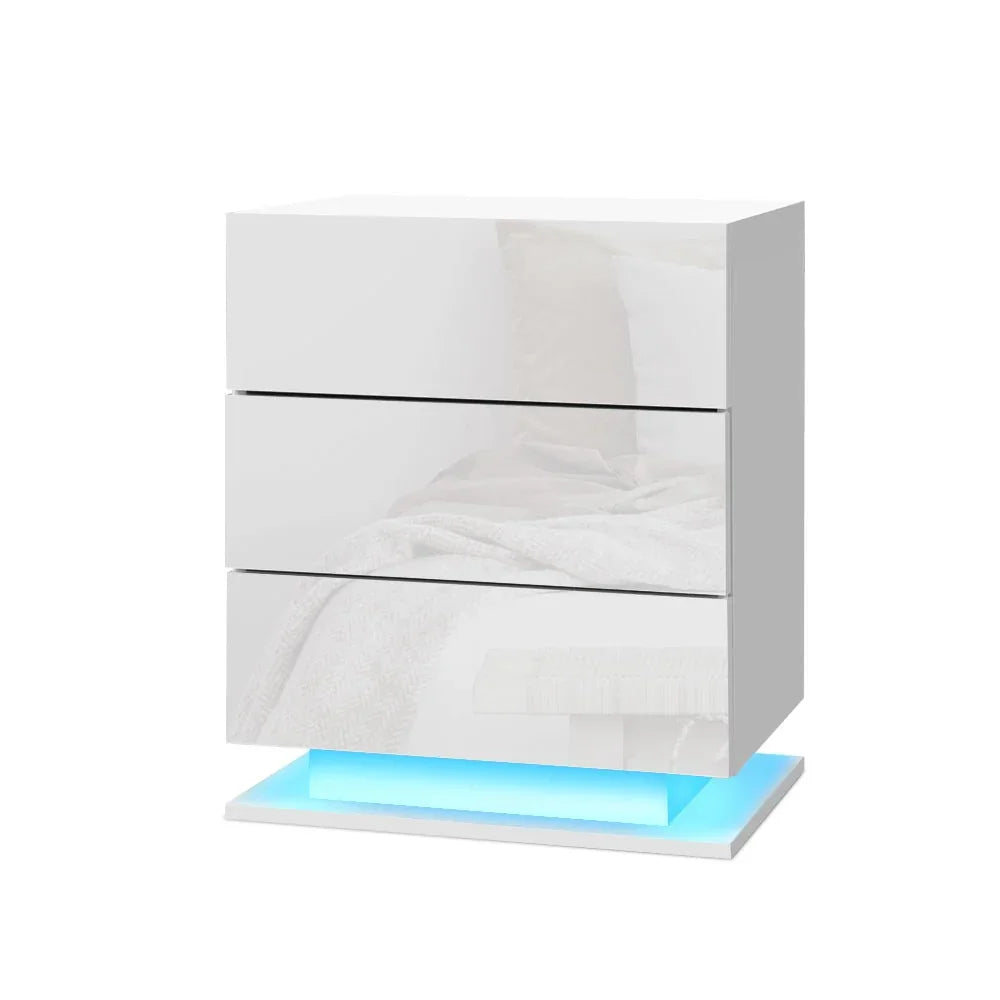 Glossy white modern nightstand with two drawers and LED base lighting