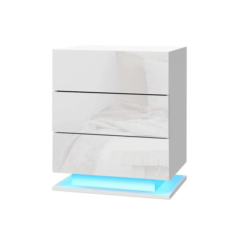 Glossy white modern nightstand with two drawers and LED base lighting