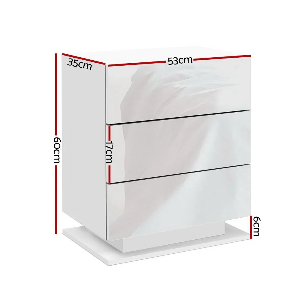 White glossy three-drawer nightstand with measurements 53x35x60cm, modern bedroom furniture