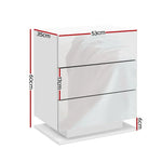 White glossy three-drawer nightstand with measurements 53x35x60cm, modern bedroom furniture