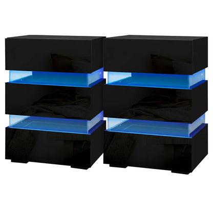 Pair of modern black LED nightstands with blue accent lighting and glossy finish