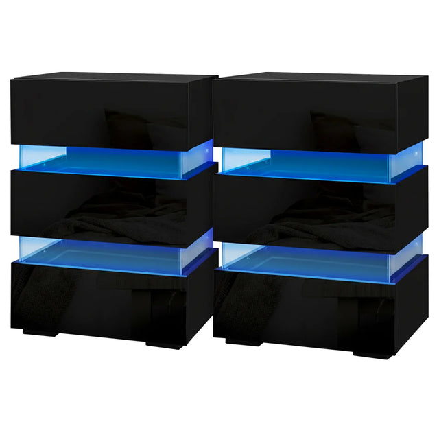 Pair of modern black LED nightstands with blue accent lighting and glossy finish