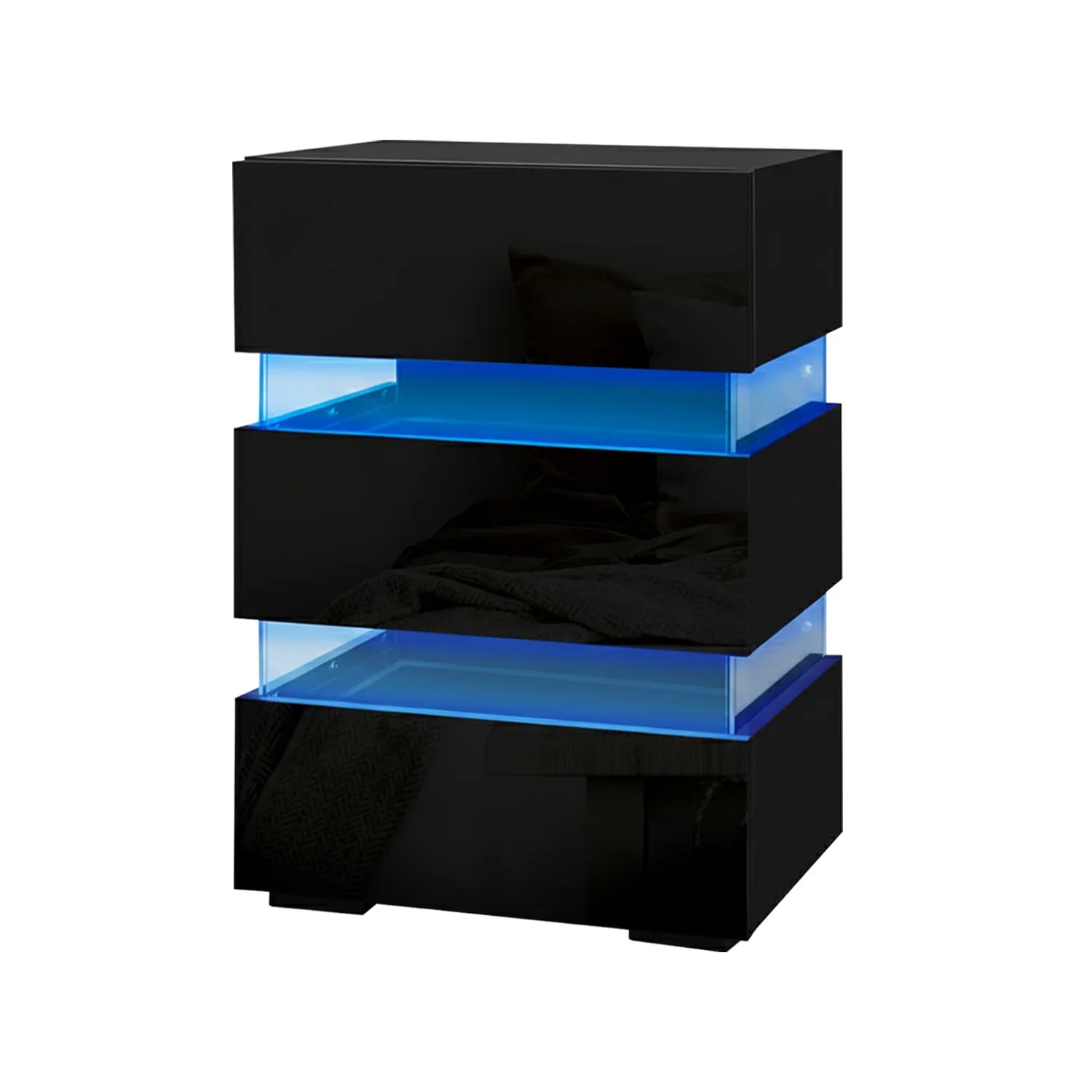 Modern black nightstand with blue LED lighting and high gloss finish